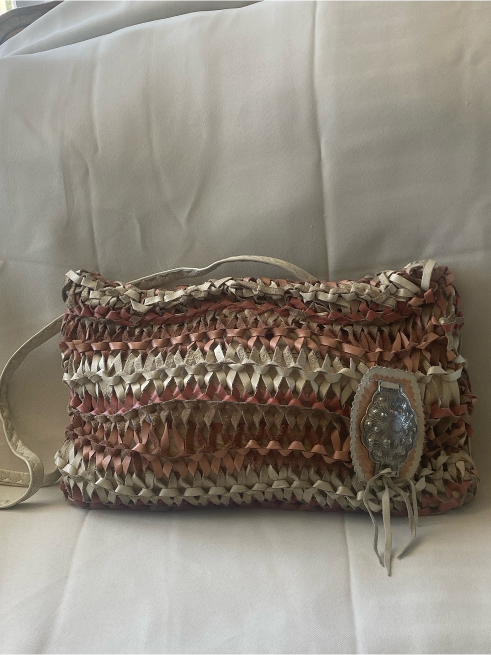 Woven Crossbody Clutch Bag in Cream & Rust crochet suede with silver concho